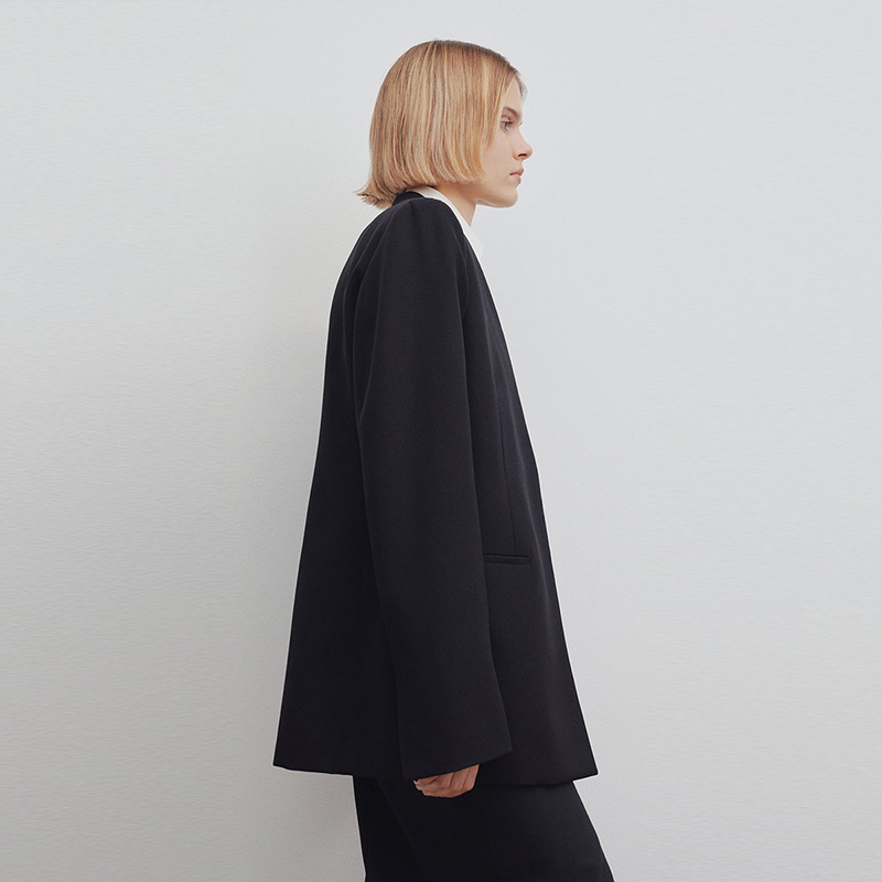 European American Wool Blazer For Women, Loose Fit, No Buttons, Minimalist Black Suit Jacket, Spring And Autumn_ecoleips.com