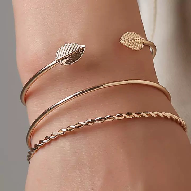 欧美简约个性手环新款热卖时尚麻花树叶三件套几何形开口手镯批发