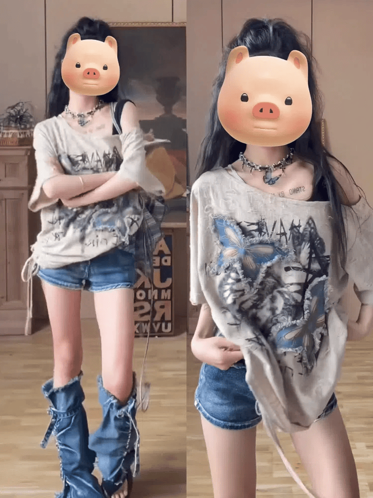 Plus Size American Hip-Hop Retro Heavy-Duty Butterfly Patch T-Shirt Design Loose Short-Sleeved Off-Shoulder Top Summer