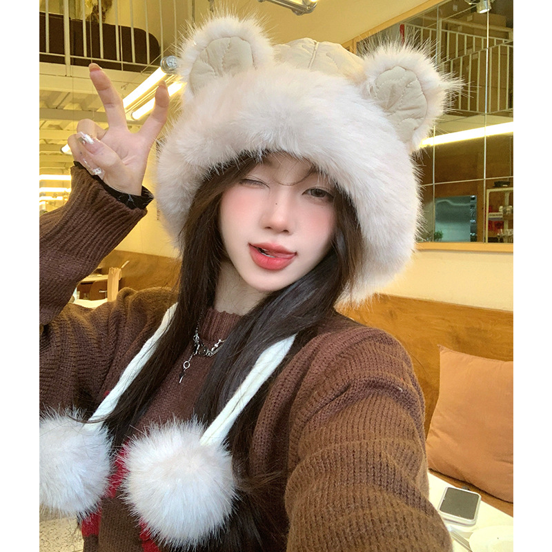 Bonito oso orejas gorra de peluche para mujeres otoño y invierno cara pequeña gorra de vello gruesa para montar en bicicleta a prueba de viento