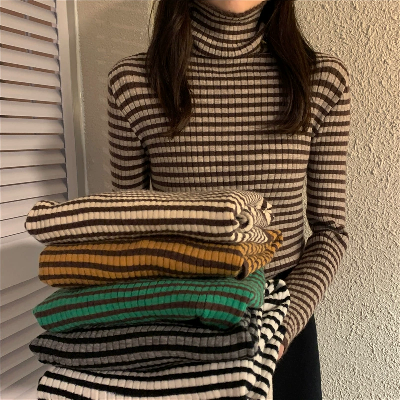 Полосатый вязаный свитер, с высоким воротом, облегающий, эластичный, универсальный, стройнящий топ для женщин, подходит для носки в слои или одиночно, стильная блузка для весны и осени 2025 года.