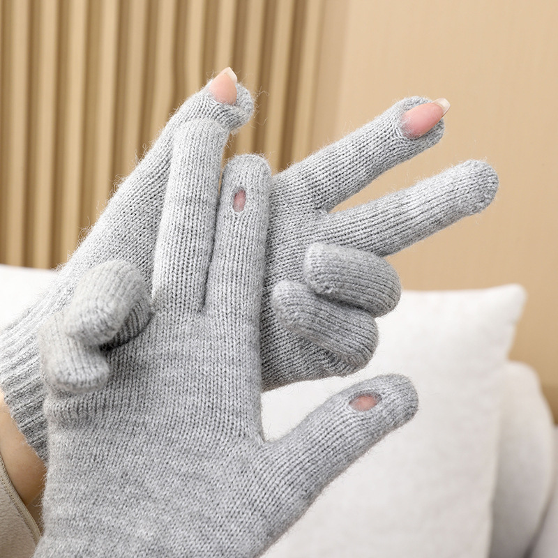 新しい冬の保温かわいいタッチパネルとベルベットの厚い手袋秋冬成人毛銭五本指刺繍露指手袋|undefined