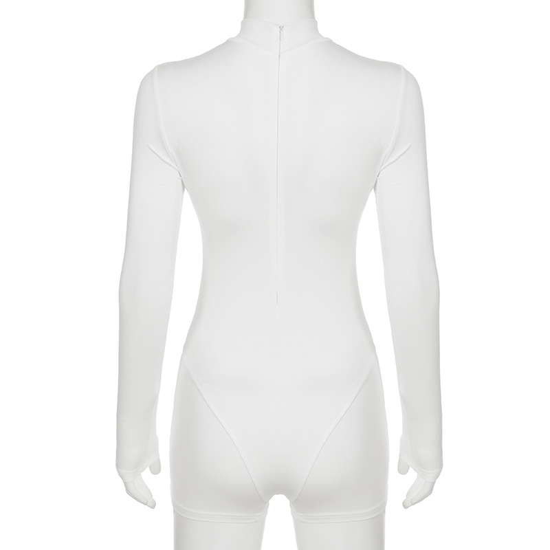Street Sexy Casual Mesh Stitching One Piece Short Half Turtleneck Sexy Tight Long Sleeve Narrow Jumpsuit Women