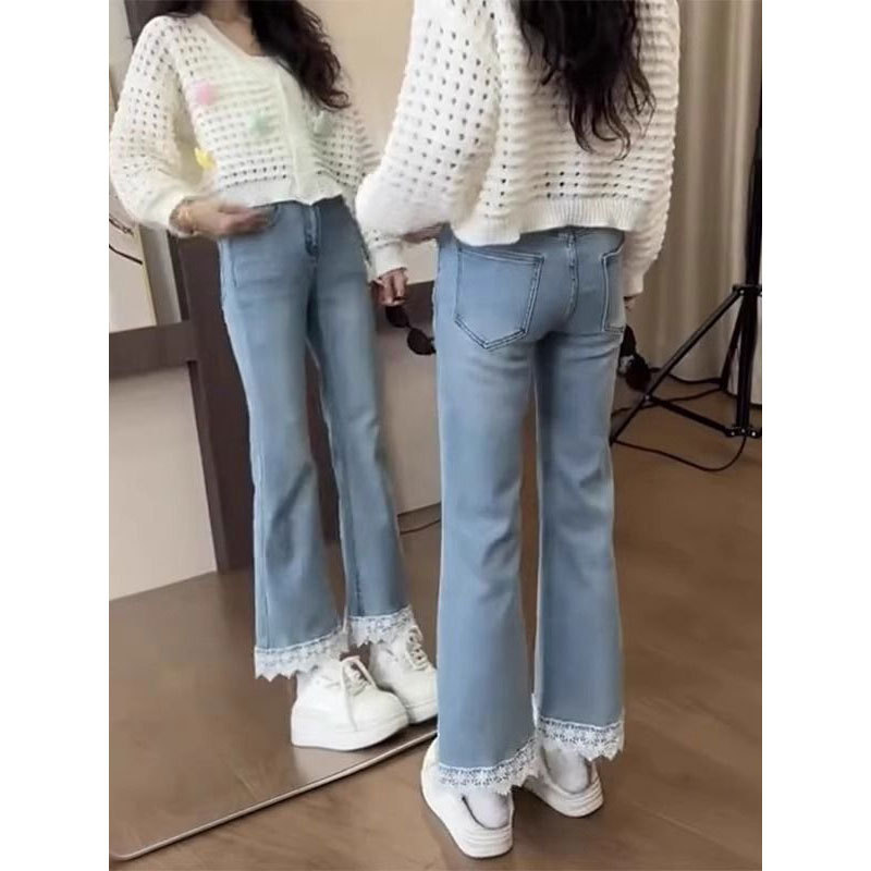 Women's Summer Thin Light-Colored Lace Trim Plus-Size High-Waisted Petite Stretchy Cropped Flared Jeans