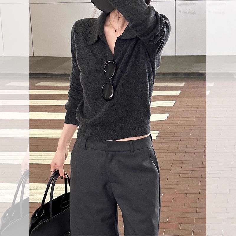 Dark Gray Old Money Style Knitwear for Women in Early Autumn, High-End Polo Shirt, Autum Inner Layering Long-Sleeved Top Dark Gray Old Money Style Knitwear for Women in Early Autumn, High-End Polo Shirt, Autum Inner Layering Long-Sleeved Top