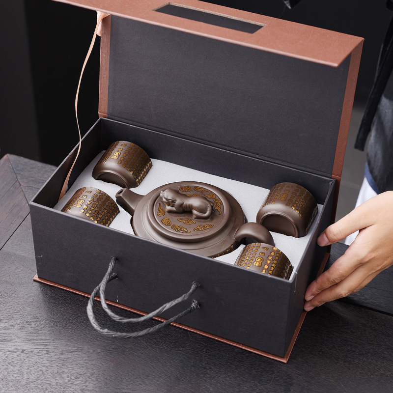 Purple Clay Chinese-Style Eight-Sided Teapot Set with Master Cup, Household Tea Cup Set, Office Teahouse Tea Shop High-Temperature Resistant Set