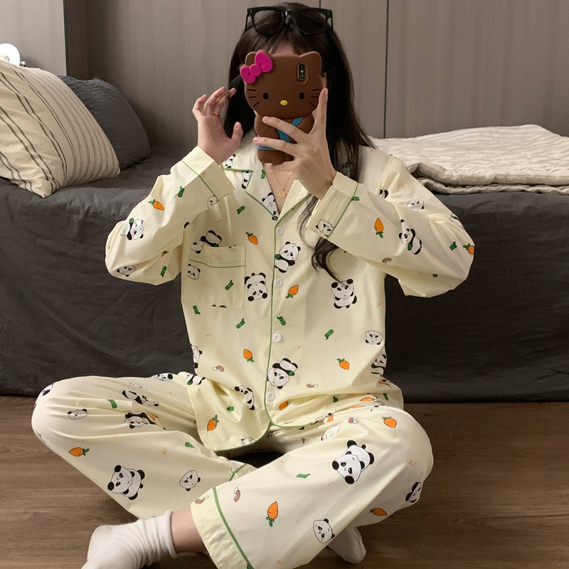 El comercio exterior de primavera y otoño pijamas algodón para las mujeres ins lindo dibujos animados solapa cardigan suelta delgada vestir prendas exteriores homewear