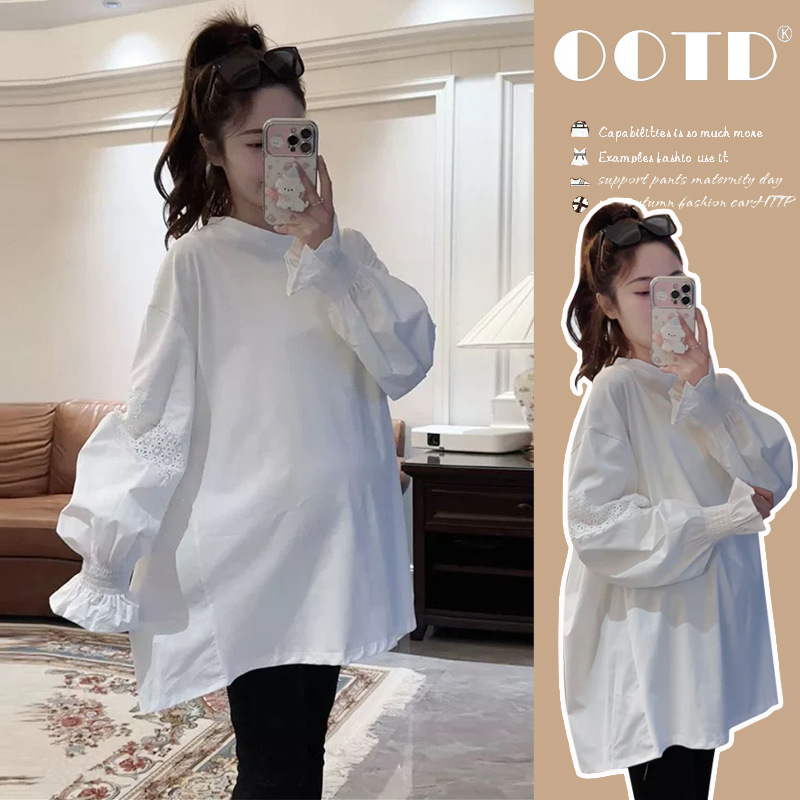 Maternity Wear Loose Plus Size T-Shirt with Lace Long Maternity Top That Can Cover the Buttocks