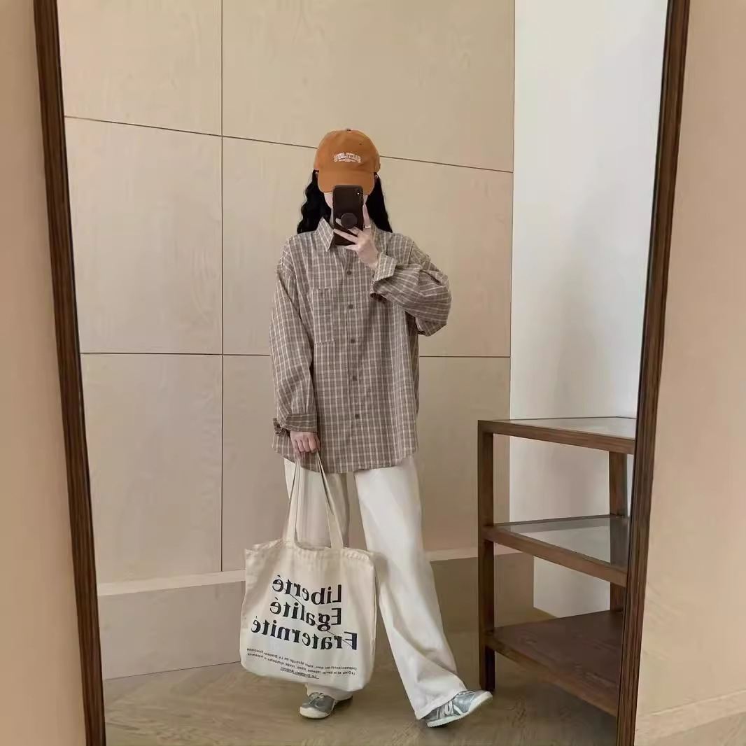 (2개) 느슨한 격자 무늬 긴팔 셔츠 가을 유행 우아한 옷깃 여성을위한 싱글 브레스트 캐주얼 탑