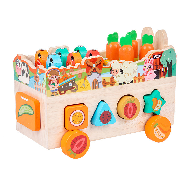 Forma de coche animal a juego Montessori educación temprana multifuncional granja pesca cognitiva rábano tirando niños y niñas juguetes educativos