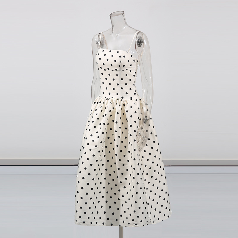Women's Clothing Women's Hepburn Style Retro Polka Dot Print Slip Dress Waist Cinching Resort Dress Spring For Formal & Casual For Women_ecoleips.com