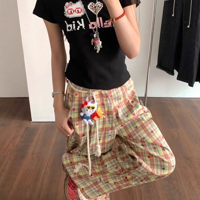 多巴胺穿搭条纹格子阔腿裤女款夏季薄款垂感显瘦直筒休闲裤子|undefined