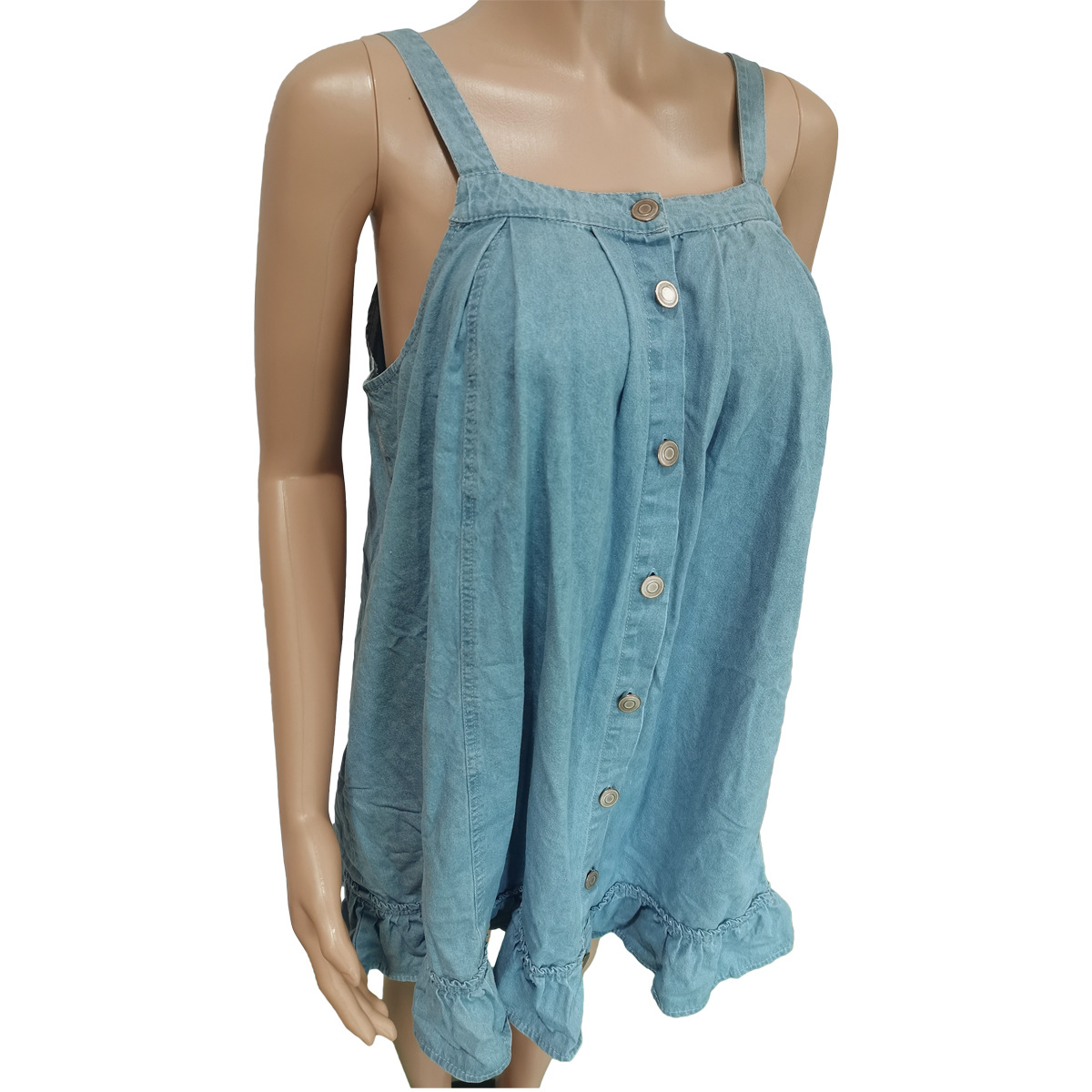 women's clothing Solid color suspenders button pocket loose washed denim dress_mkmklike.com