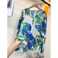 欧货苎麻晕染印花衬衫女春秋法式设计感小众V领长袖亚麻防晒上衣