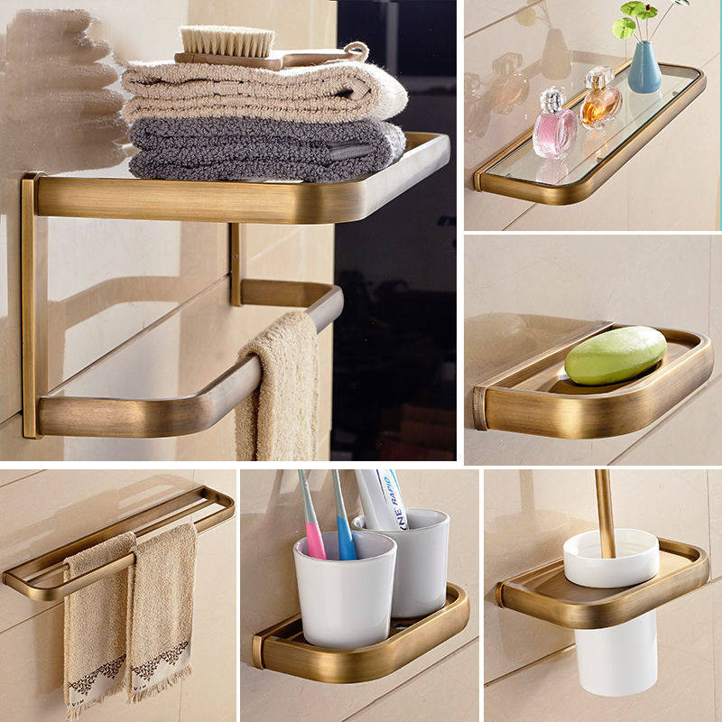 European-Style Retro Bathroom All-Copper Wall-Mounted Towel Rack, Simple Antique-Style Bathroom Storage Rack