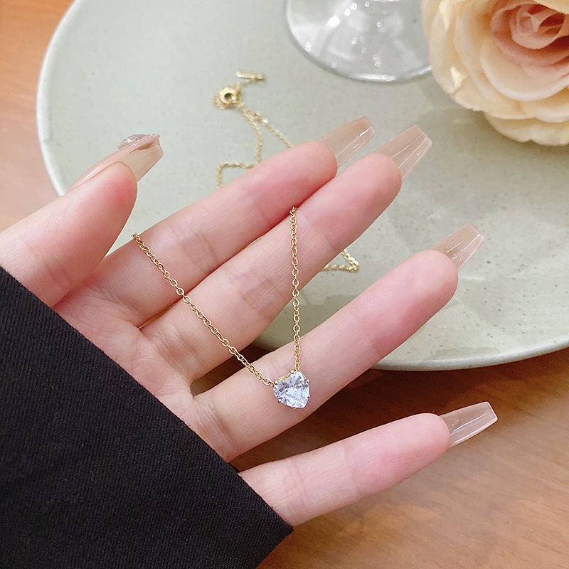 304 Stainless Steel Material 304 Stainless Steel Water Droplets Heart Shape Diamond Pendant Necklace
