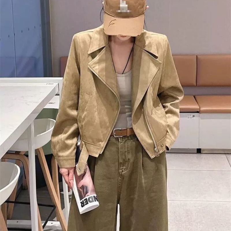 鹿皮绒外套女秋季新款感机车服小个子短款复古夹克上衣女|undefined