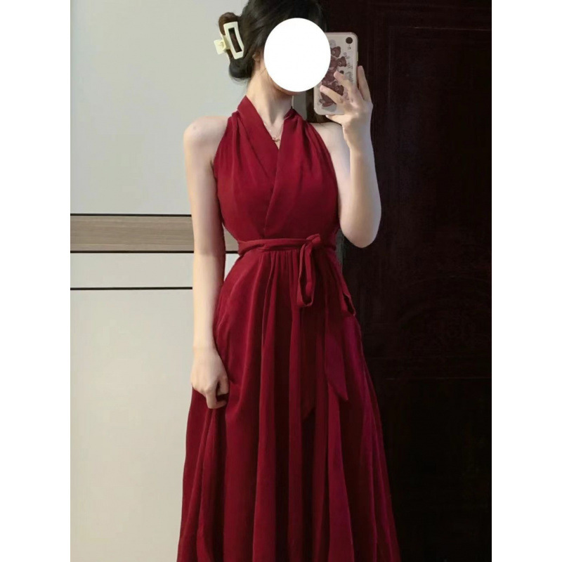 높은 허리 원피스 프랑스 로맨틱 붉은 목 여성의 2022 가을 V-목 타이트 허리 스트랩 중간 길이 원피스