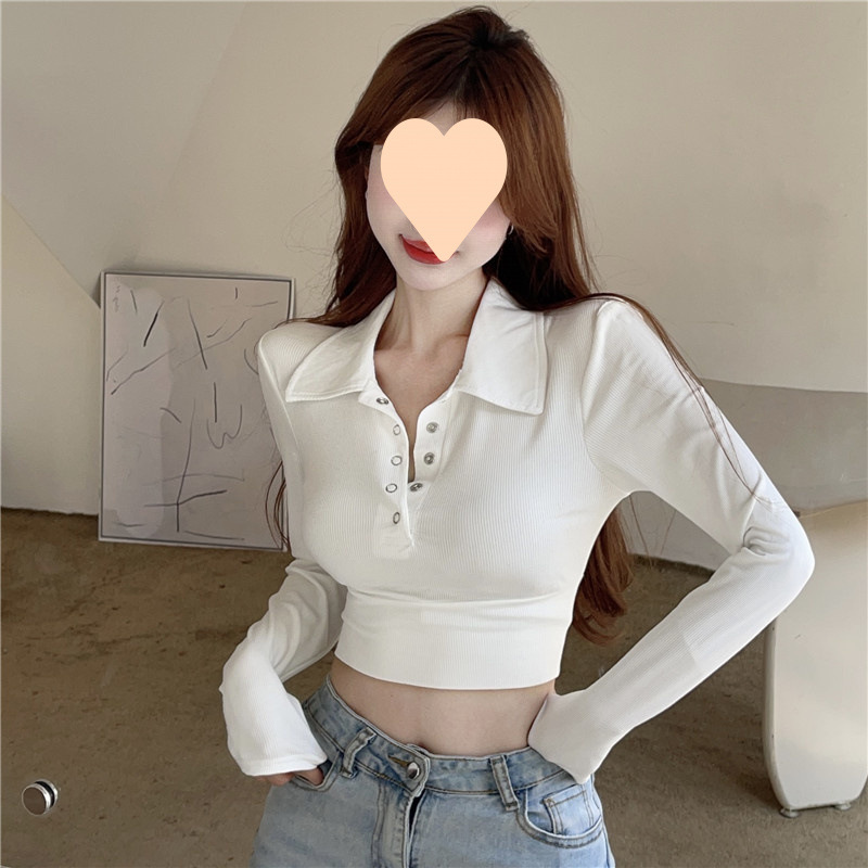 Shirt Lapel Long-Sleeved Shirt for Women Spring and Autumn New Style Pure Lust Style Waist Slimming Slim Short Hot Girl Top Trendy