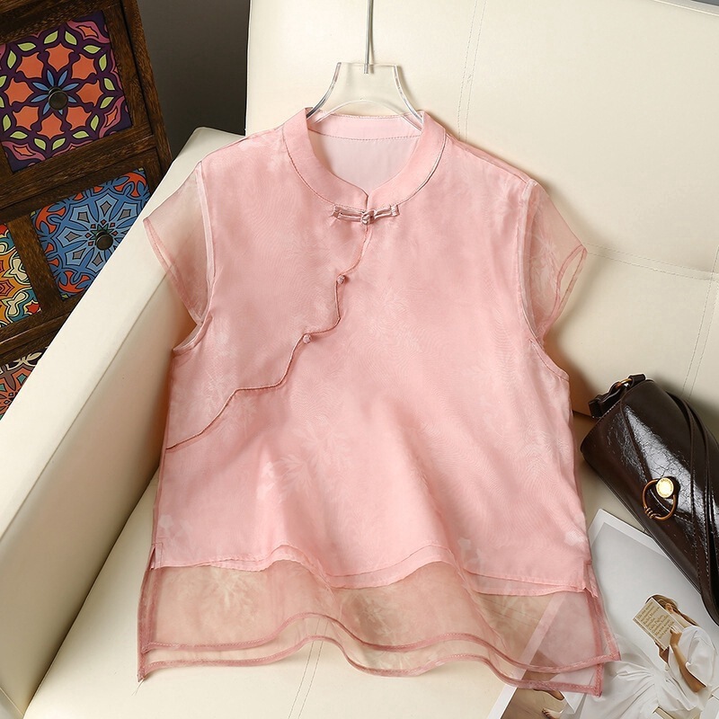 New Chinese-style fashion shirt for women, summer new versatile loose-fitting stand-up collar top, petite size New Chinese-style fashion shirt for women, summer new versatile loose-fitting stand-up collar top, petite size