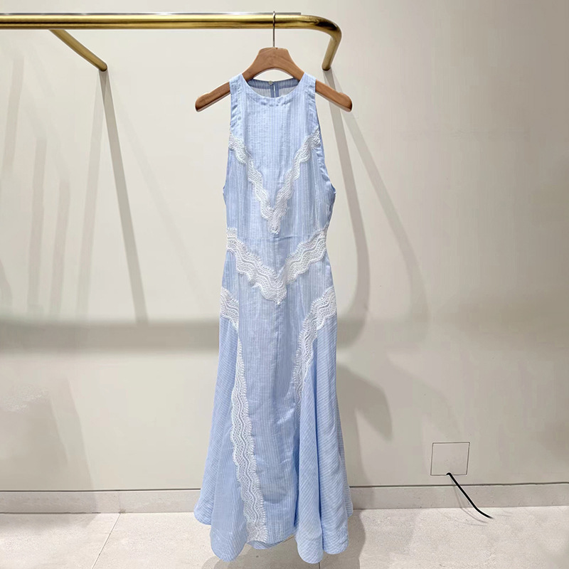 French-Style Niche 2026 Spring/Summer Elegant Linen Vertical Stripe Lace Hollow-Out Shoulder-Enhancing Halter Neck Dress 26236