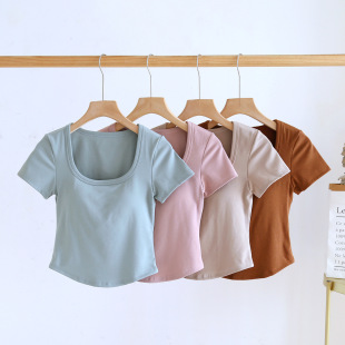 Women's short-sleeved T-shirt with chest pad curved irregular hem undershirt with bra can be worn outside square collar top summer