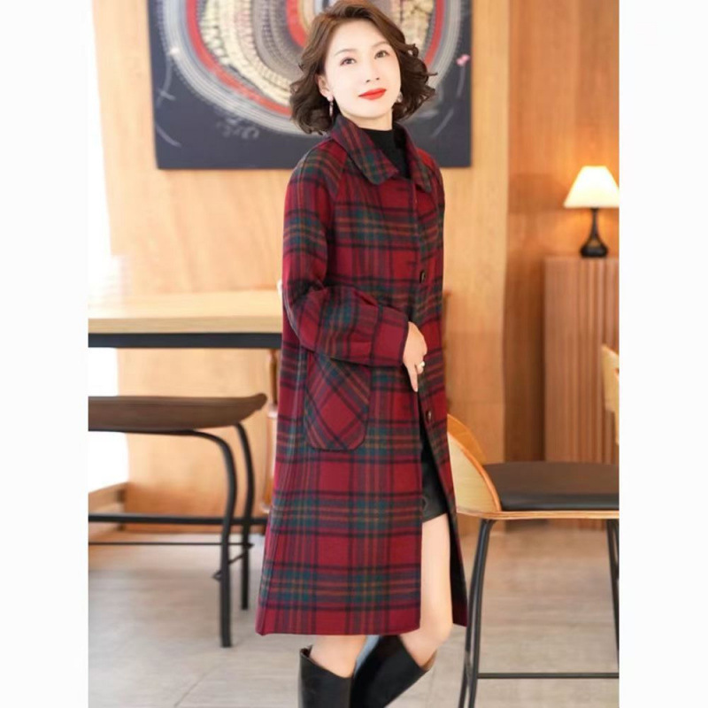 패션 세련된 코트 여성의 가을과 겨울 새로운 느슨한 고기 커버 우아한 올 매치 체크 무늬 중간 길이 코트 트렌디