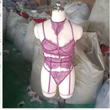 예팅샹 보라색 섹시 란제리 홀터넥 레이스 개더 브라 세트