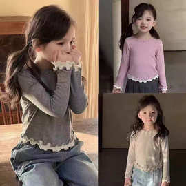 女童假两件长袖T恤春秋儿童宝宝洋气百搭甜美荷叶边修身打底上衣