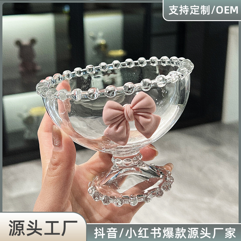 Kawaii Girl Heart Bow Glass Oatmeal Breakfast Dessert Cup Set Ice Cream Highball Cup Coffee Cup Set 