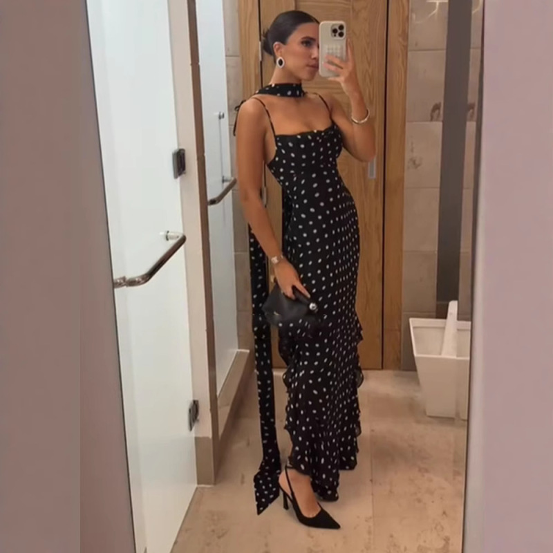 In Stock - Elegant and Sophisticated Sleeveless Polka Dot Scarf Collar Ruffle Strap Dress for Women, European and American Cross-Border Fashion 2026 In Stock - Elegant and Sophisticated Sleeveless Polka Dot Scarf Collar Ruffle Strap Dress for Women, European and American Cross-Border Fashion 2026