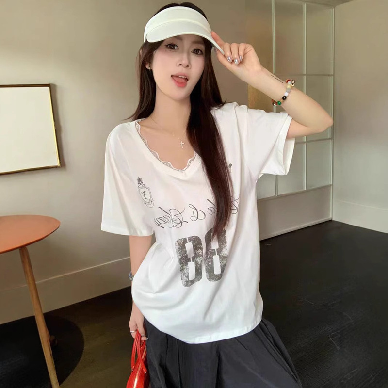 [Ready Stock in Our Own Factory] American Lazy Style Lace Splicing V Neck Short-Sleeved T-Shirt Loose Letter Print Top