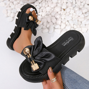 Summer Slippers Women's Summer Bow Thick-soled Sandals Slippers All-match Muffin Slippers Fashionable Outwear Slippers Beach Shoes