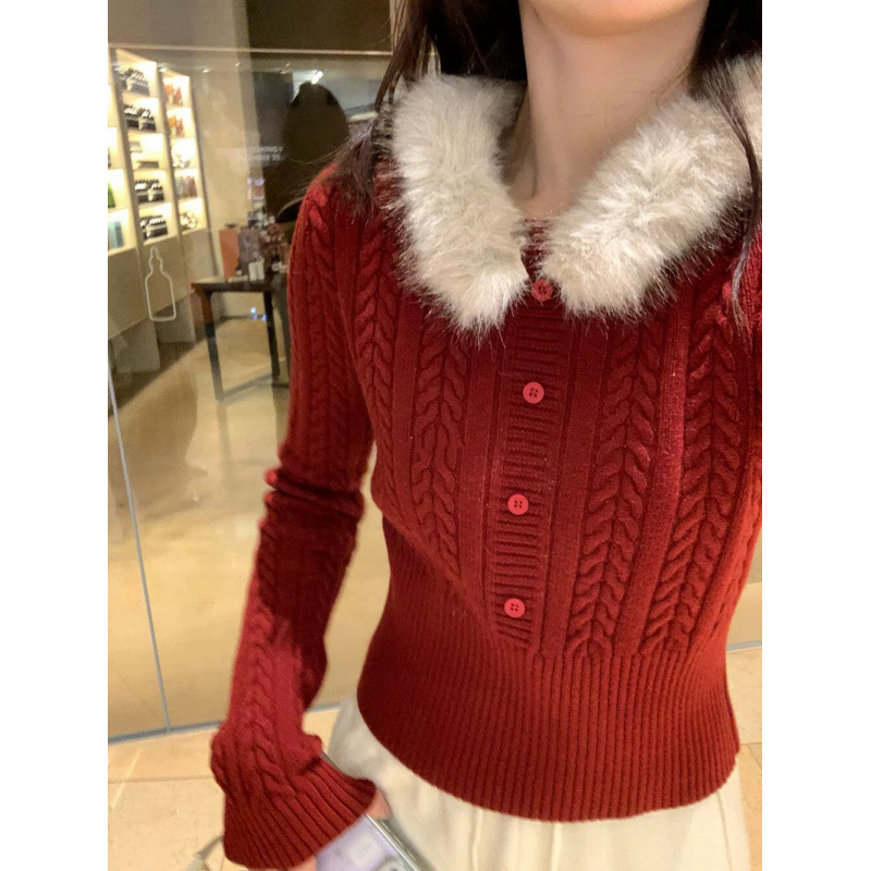 Ys Christmas and New Year Red Retro Detachable Fur Collar Waist-Cinching Knit Sweater Top Autumn and Winter Korean Style Versatile Sweater for Women Ys Christmas and New Year Red Retro Detachable Fur Collar Waist-Cinching Knit Sweater Top Autumn and Winter Korean Style Versatile Sweater for Women