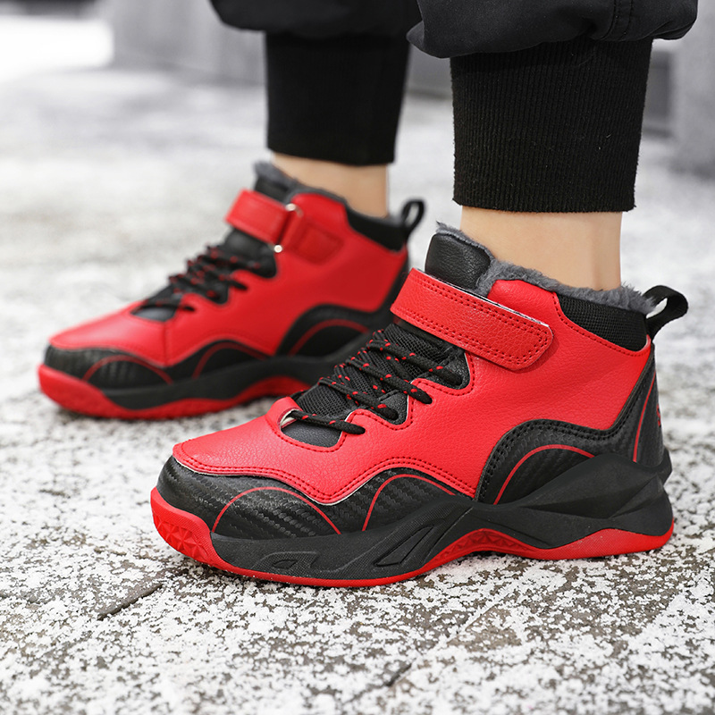 Invierno de algodón nuevo engrosado calentamiento zapatillas deportivas para niños grandes superficies de cuero antideslizante desgaste niñas