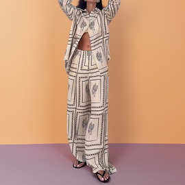 跨境2025新款欧美风女装气质长袖印花衬衫家居服时尚女装冬装套装