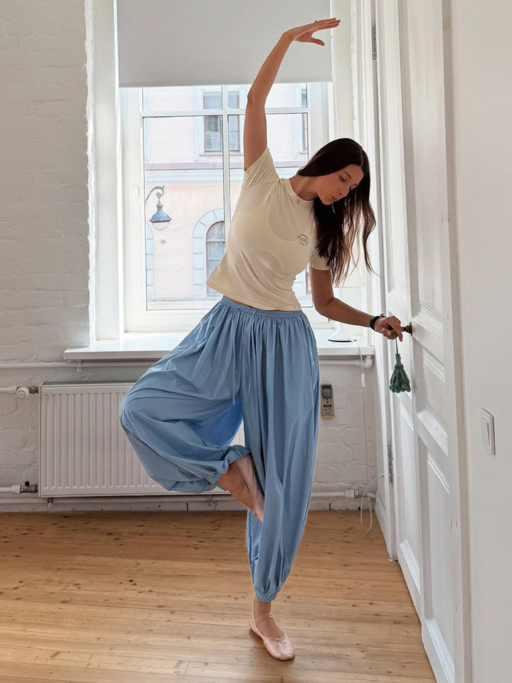 Quần harem ống rộng cotton dáng lửng lưng vừa phong cách đường phố — Màu hồng, Màu kaki, Màu mơ, Màu xanh da trời chi tiết 33