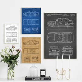 简约现代复古汽车线条图艺术海报装饰画图片画芯喷绘客厅壁画
