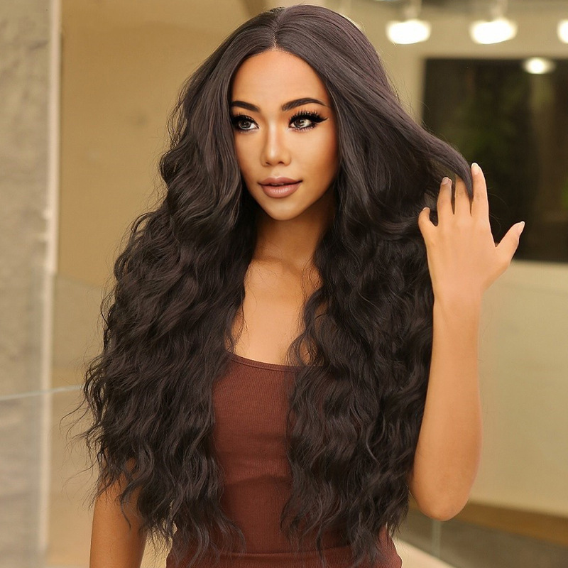 Women's Black Long Curly Synthetic Wig Full Head Center Part Small Curly Hair in Stock_voghion.com