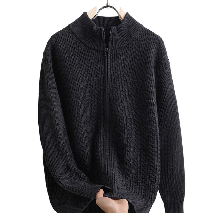 Otoño y invierno de color sólido simple de color sólido cremallera cardigan chaqueta gruesa cálida de punto casual entrelazado suéter de punto de hombre