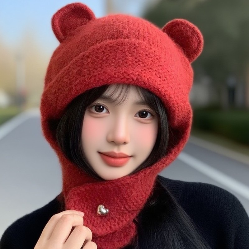 可爱小熊毛线帽子女秋冬季保暖护耳针织帽百搭休闲显脸小套头帽|undefined