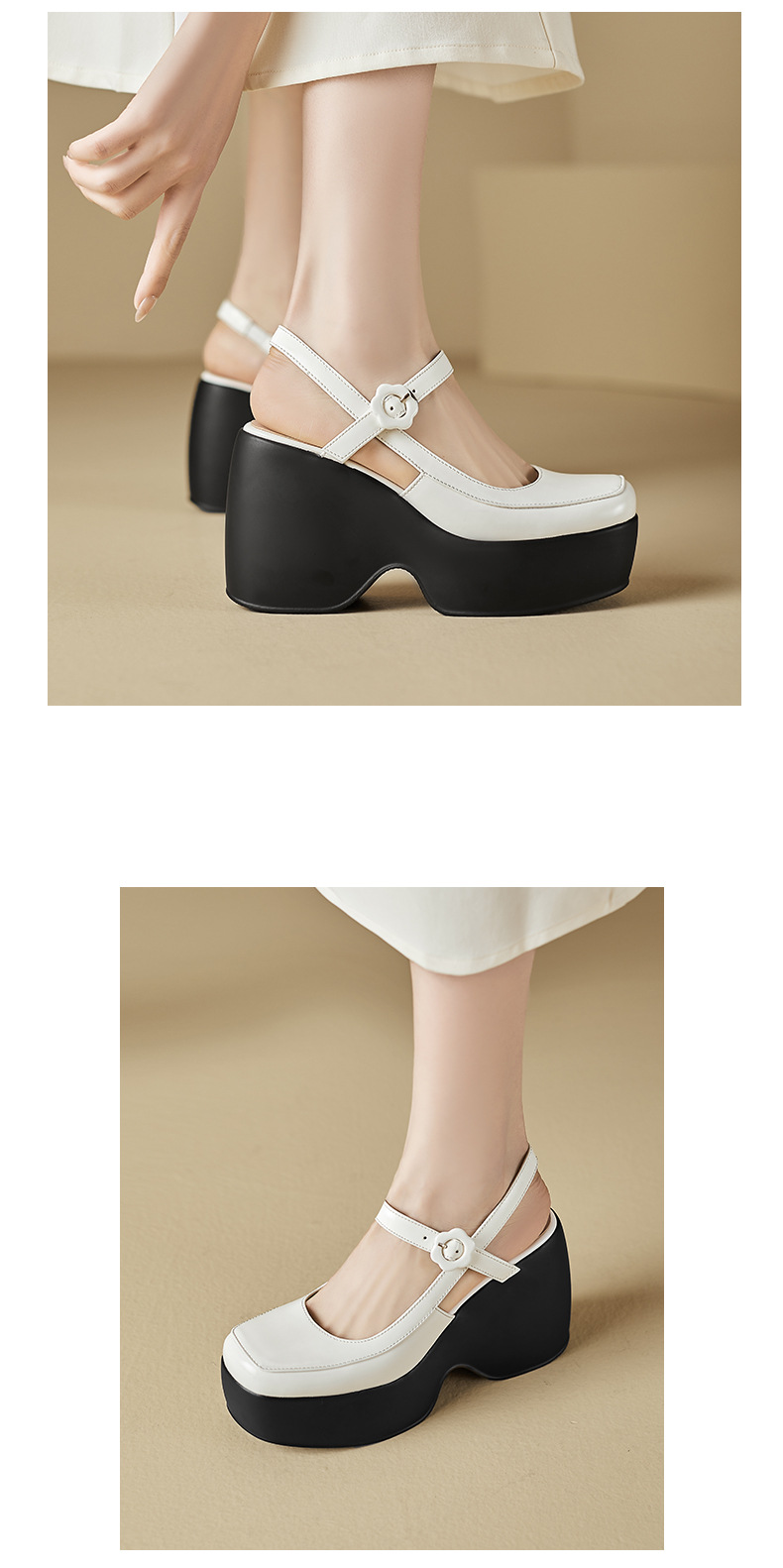 Sandal Mary Jane đế xuồng da thật bít mũi gót cao 9 cm cho nữ — Màu đen, Màu trắng be chi tiết 10