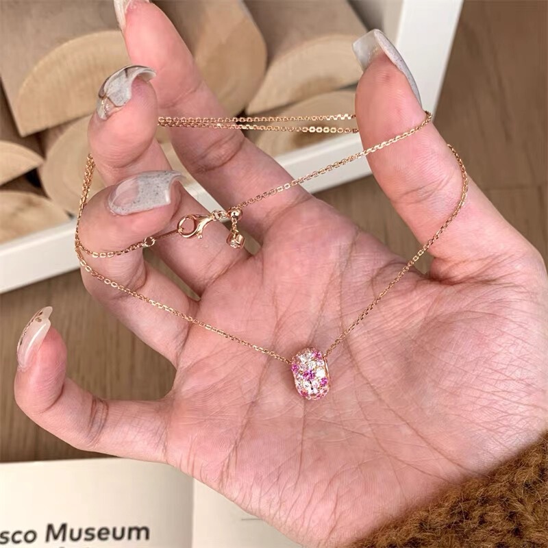 Vintage Antique Rose Gold Pink Diamond Gradient Passepartout Necklace Women's 2025 New Autumn and Winter Sweet Collarbone