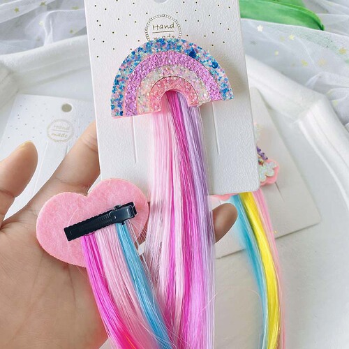 Children's wig accessories rainbow bow unicorn wig braided hair extension straight hair for party gradient color wig