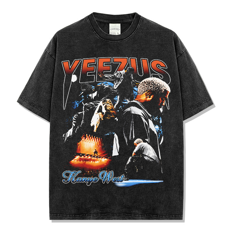 Cross-border Hip-hop Kanye West Printed T-shirt Washed Long-sleeved Crewneck Old Short-sleeved Hooded Sweat for Men