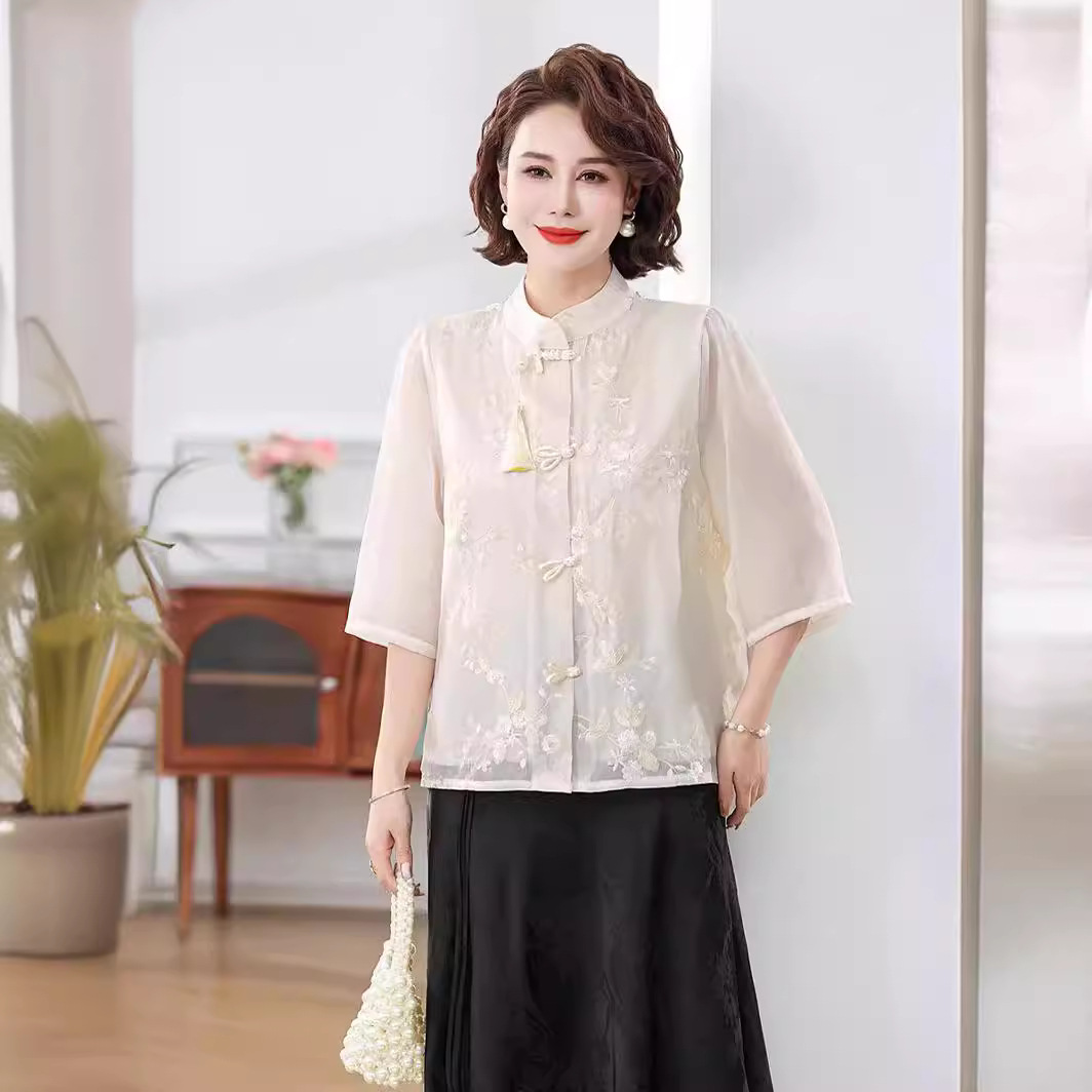妈妈夏装新中式国风刺绣流苏立领中袖雪纺衬衫薄款中年女气质清凉