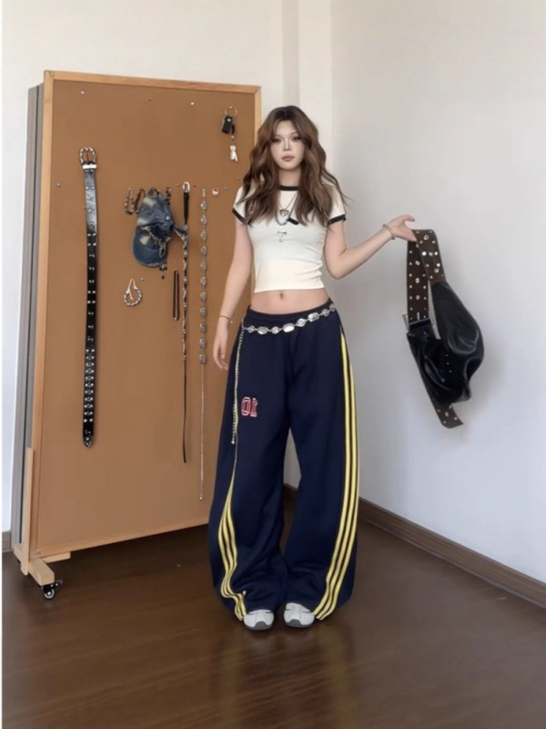 美式复古三条杠运动裤女2025新款宽松高腰阔腿裤垂感拖地休闲裤子|undefined