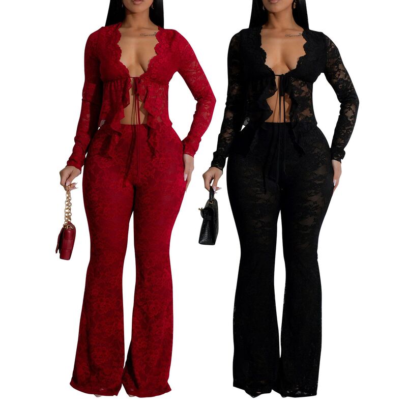 Al311 Amazon Cross-Border European and American Clothing Sexy Lace Flocking Suit See-Through Two-Piece Nightclub Party Al311 Amazon Cross-Border European and American Clothing Sexy Lace Flocking Suit See-Through Two-Piece Nightclub Party
