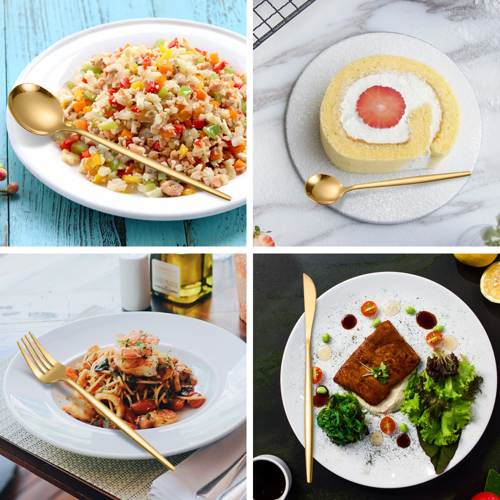 Suministro transfronterizo en stock vajilla occidental de oro de acero inoxidable cuatro piezas principales cuchillo, tenedor y cuchara Juego de 24 piezas traje de vajilla portugués