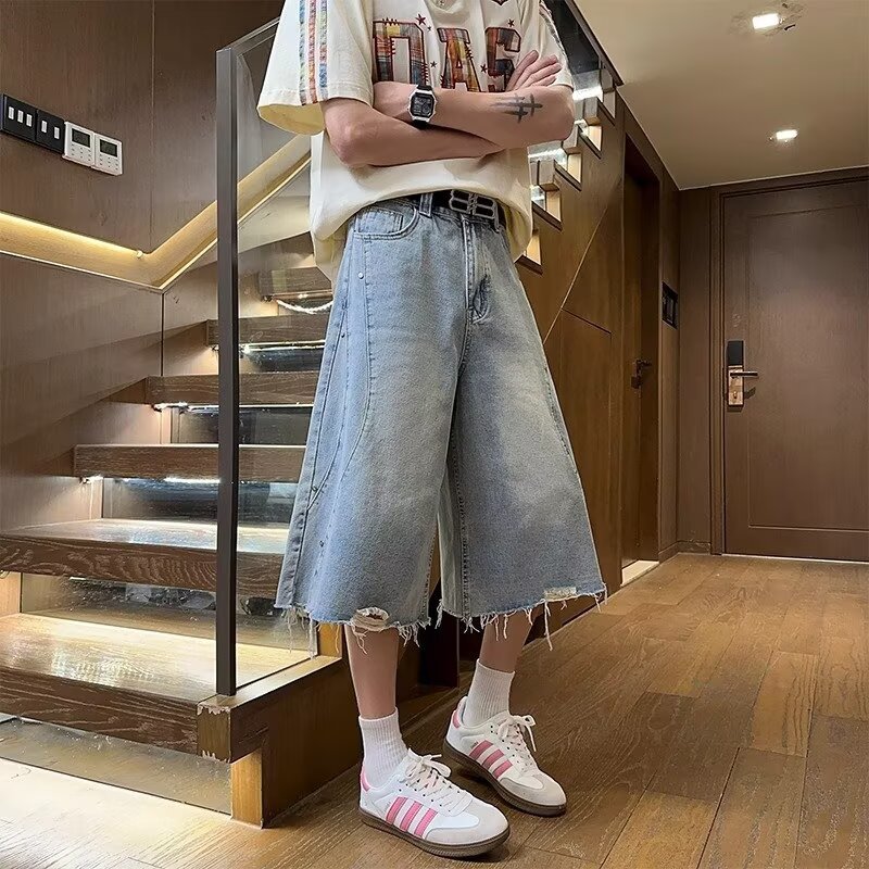 Light Blue Washed Ripped Denim Shorts Men's Summer Trendy Brand Raw Edge Destruction Style Lazy Style Three-Point Loose Mid-Pants